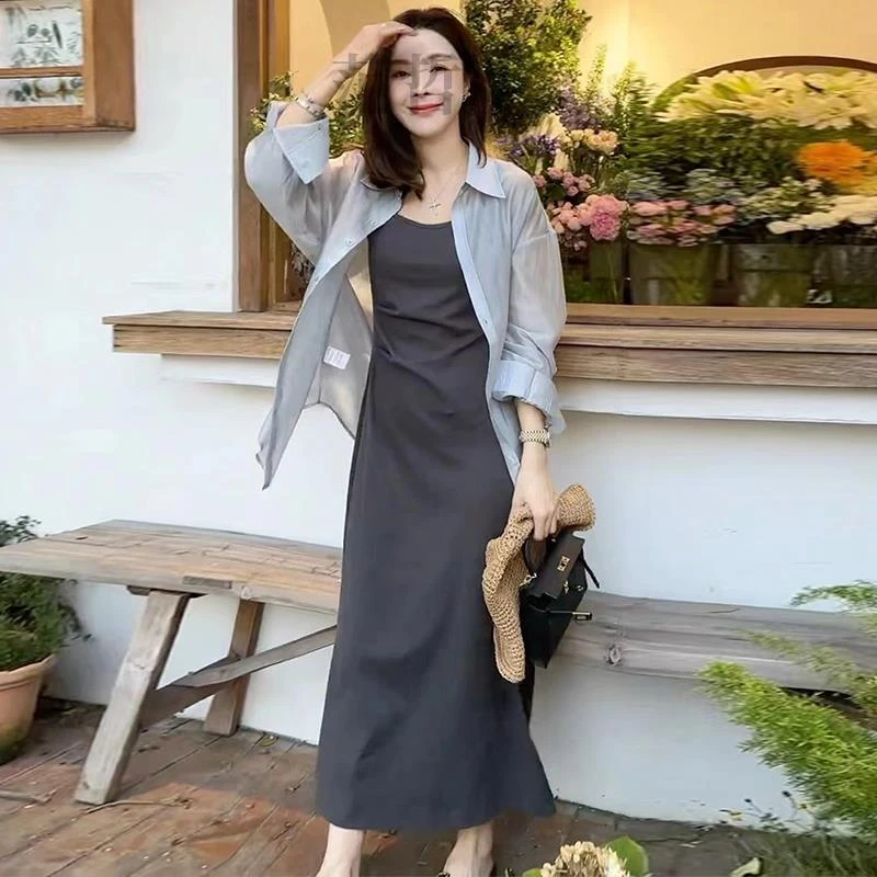 灰色衬衫吊带连衣裙两件套女欧货2025春夏休闲防晒衬衣漂亮套装裙