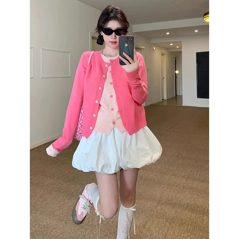 韩系假两件开衫毛衣春秋女装宽松软糯温柔别致休闲百搭针织衫外套