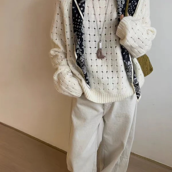 2025秋冬新款欧货慵懒风宽松镂空套头软糯羊毛针织毛衣