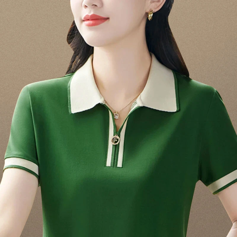翻领短袖t恤女夏装2025新款运动休闲POLO衫气质时尚中年女士上衣
