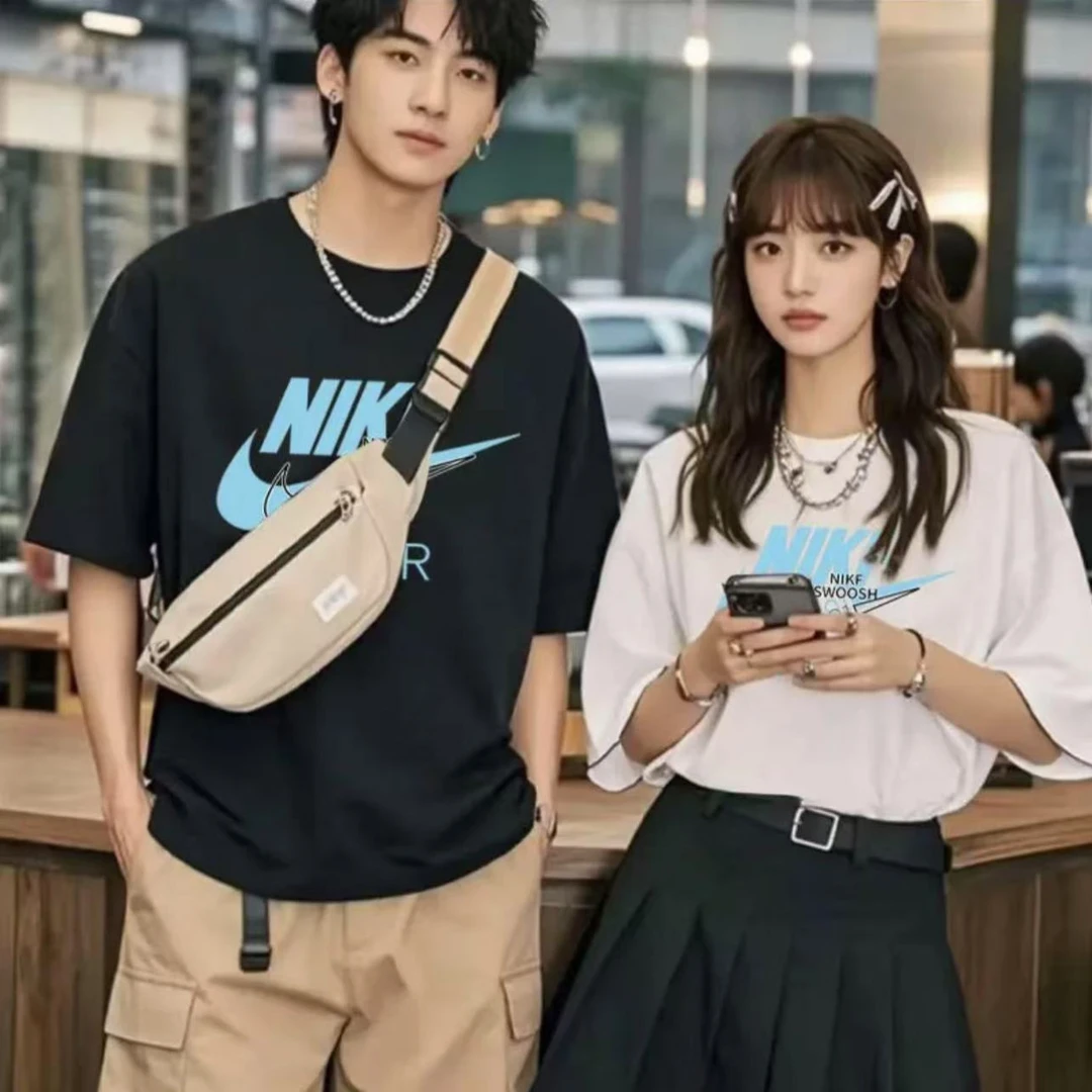 【100%纯棉】一折福利夏季短袖男女休闲透气圆领印花纯棉T恤 蓝NIK