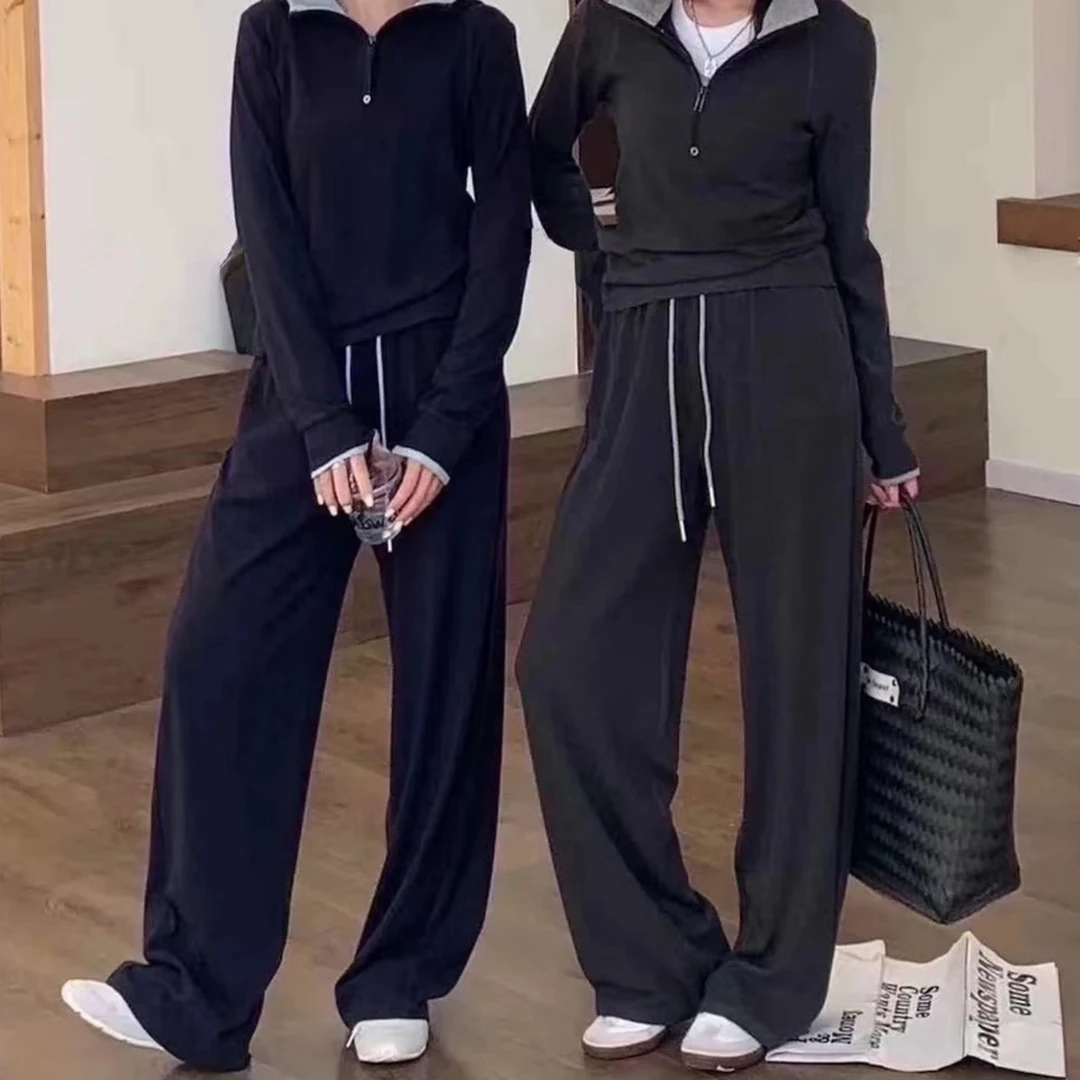 Manmi   撞色拼接套头帽衫阔腿裤套装  9009（C4）