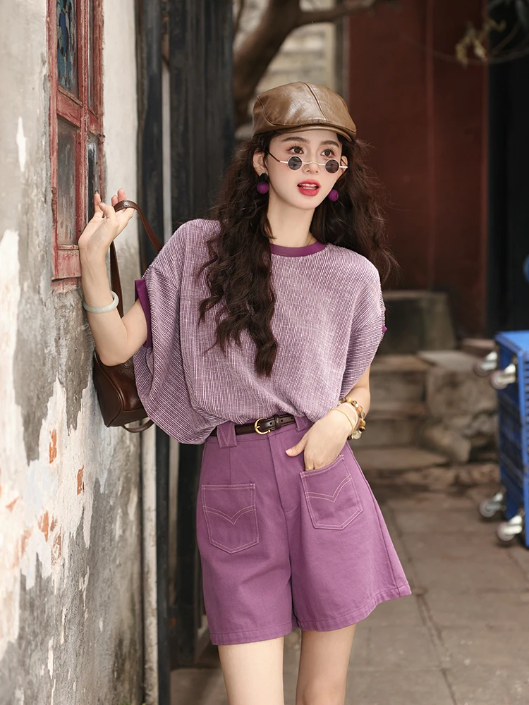 2025夏季新款休闲气质宽松圆领短袖上衣搭配阔腿短裤显瘦两件套装