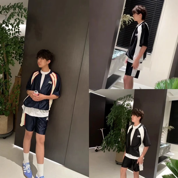 [M]蓝黑两色cb字母拼接款短袖短裤时尚运动l儿童套装（夏日炎炎）