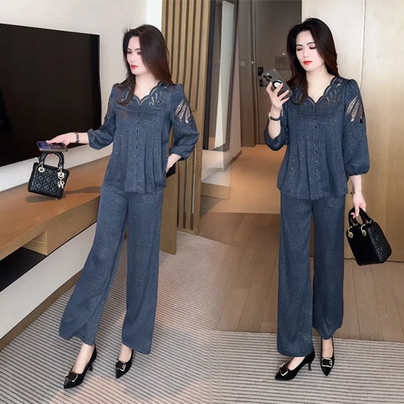 春秋新款休闲时尚穿搭气质洋气宽松减龄显瘦长袖套装2025复古阔腿