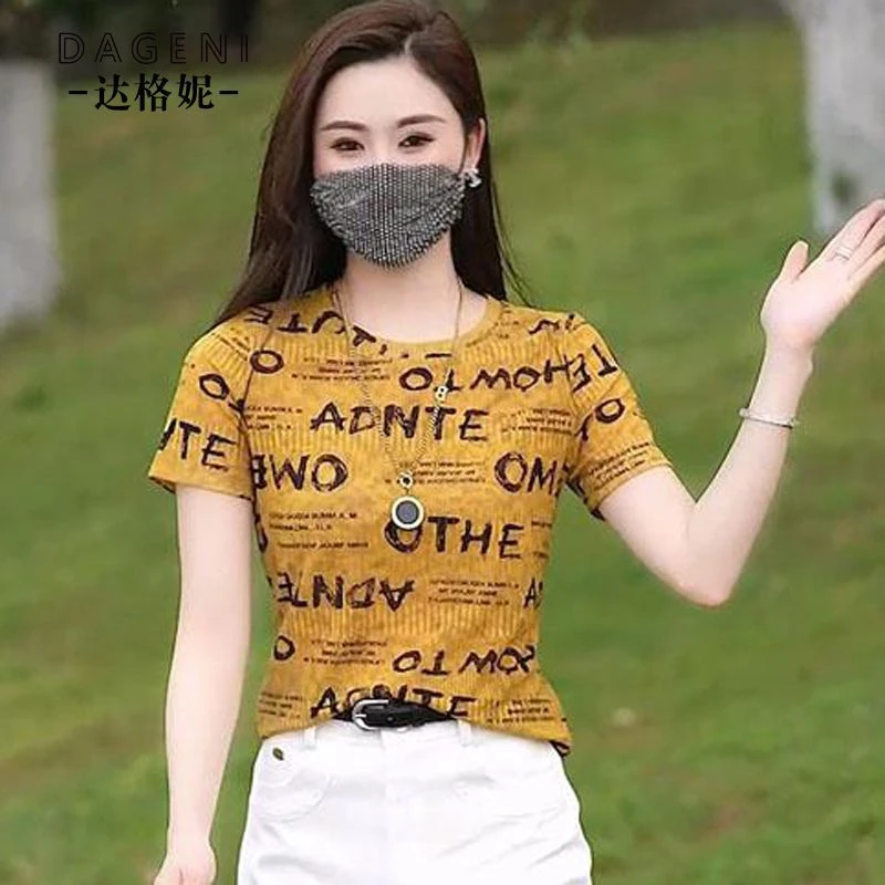 印花网纱短袖T恤女夏季2025新款遮肚显瘦半袖体恤打底小衫上衣女