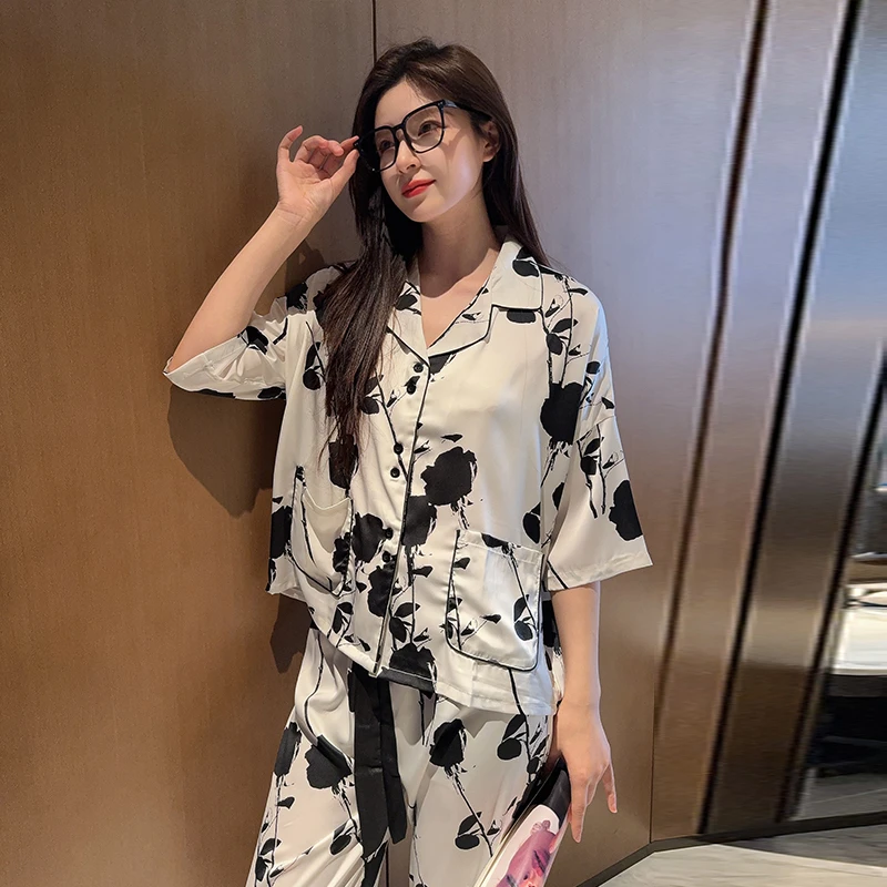 冰丝睡衣女2025新款春夏季薄款中袖高级感韩版休闲夏天家居服套装