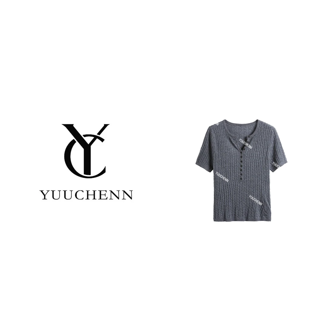 【YUUCHENN】绞花亨利领短袖气质针织衫5911