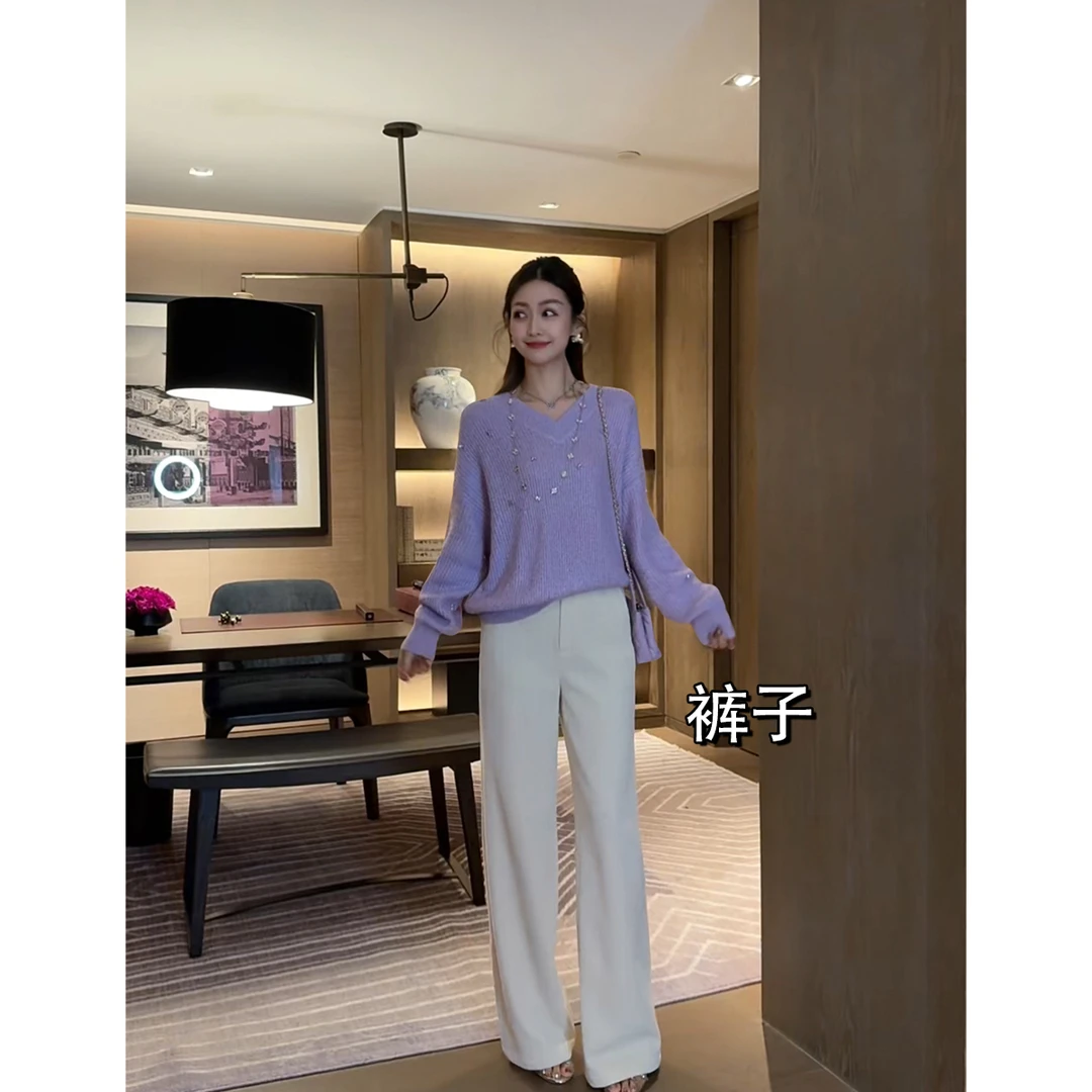 W·HAHA【胭脂海棠】肌理感高腰银丝雪尼尔直筒裤22956