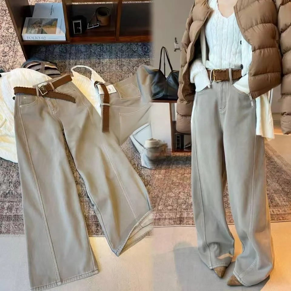 【YANZIJIA】复合绒奶茶色显瘦直筒牛仔裤+腰带（以直播间实物为准）