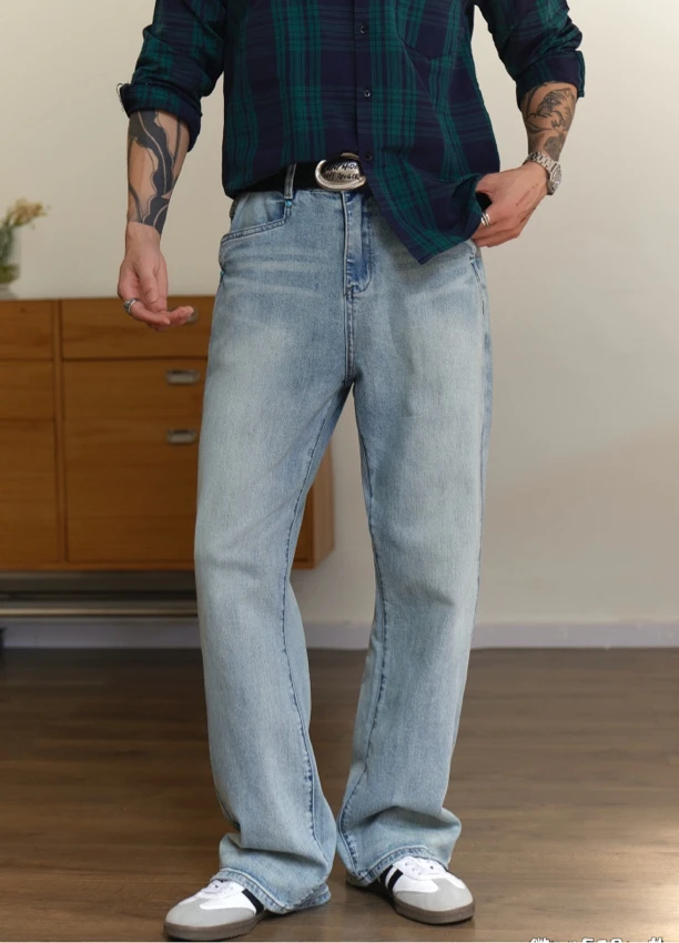 春季休闲水洗长裤修身时尚秋季极简风意产冰绿松石蓝牛仔裤男装男