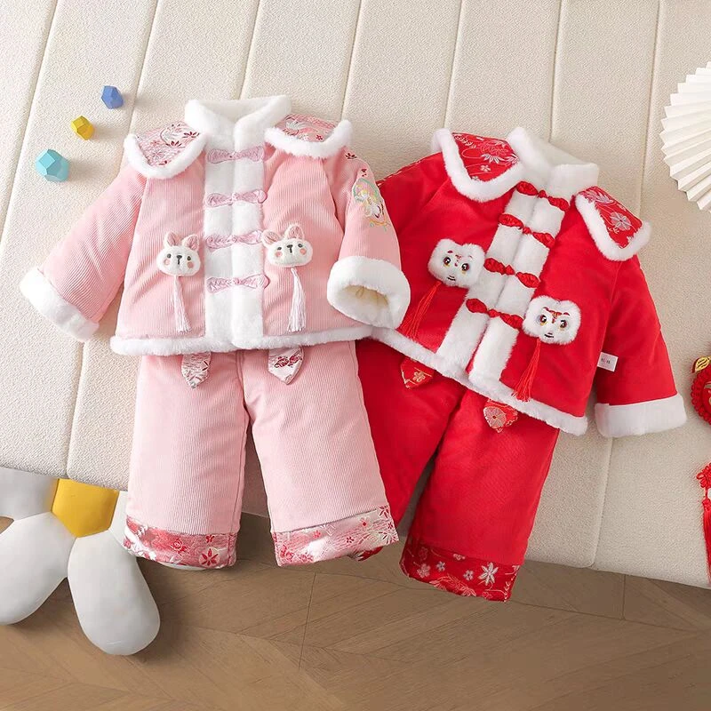 汉服女童套装秋冬款周岁宝宝礼服唐装过年服国风披肩毛领拜年服