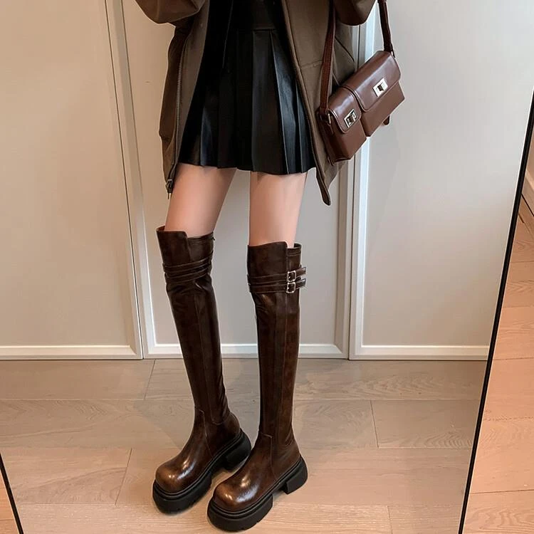 爆美高靴~！秋冬新款真皮厚底粗跟5.5cm时尚瘦瘦靴显瘦过膝长靴女