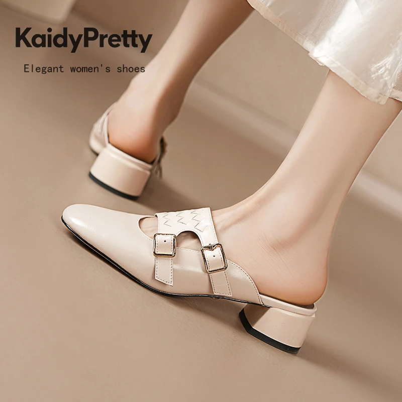 新款外穿包头纯色粗跟通勤欧美风网红圆方头穆勒拖中跟真皮凉拖鞋