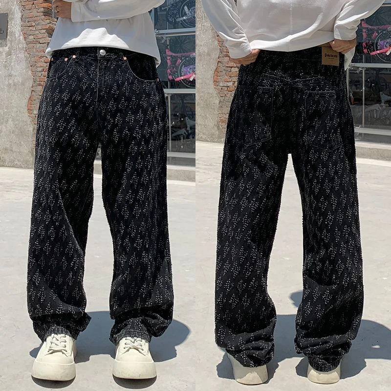 美式潮牌闪电提花牛仔裤男款小众设计感hiphop嘻哈潮流宽松直筒裤