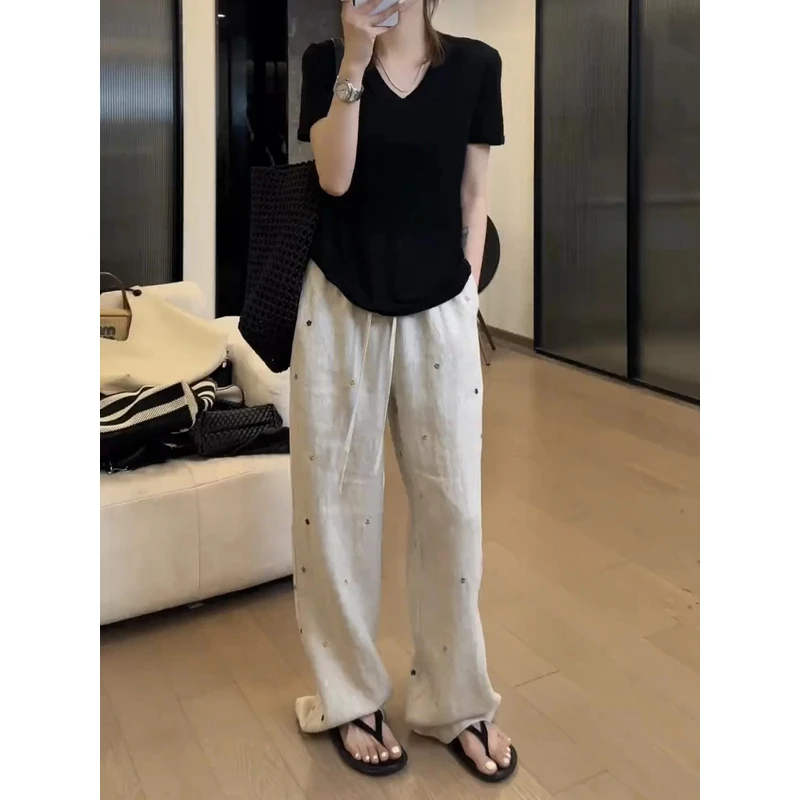 夏季薄款大码刺绣直筒裤2025新款减龄百搭高腰显瘦拖地休闲裤女款