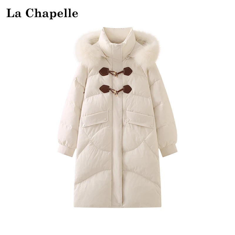 拉夏贝尔连帽毛领皮扣大口袋中长款加厚羽绒服女冬季时尚百搭时髦