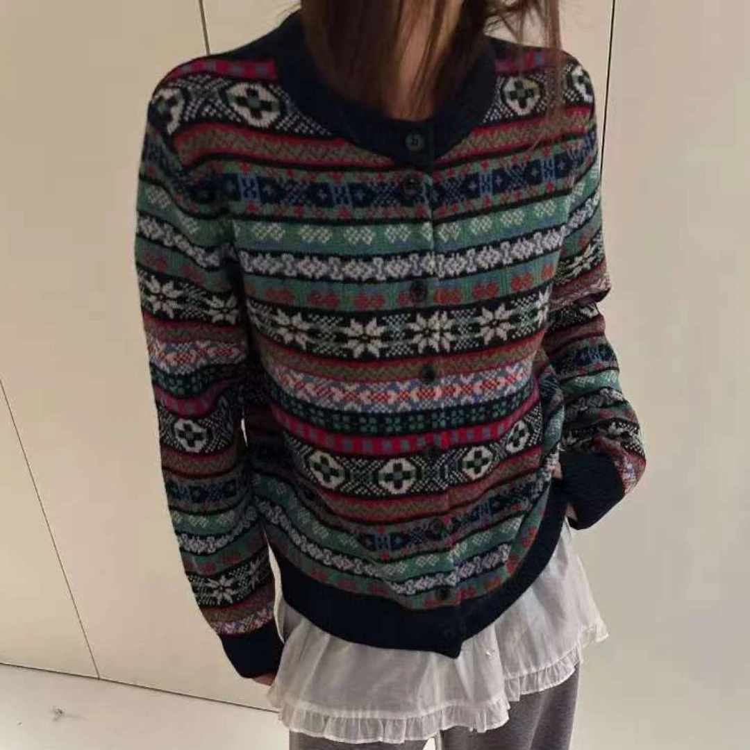 费尔岛提花半高领宽松加厚针织开衫秋冬新款软糯显瘦毛衣外套6445