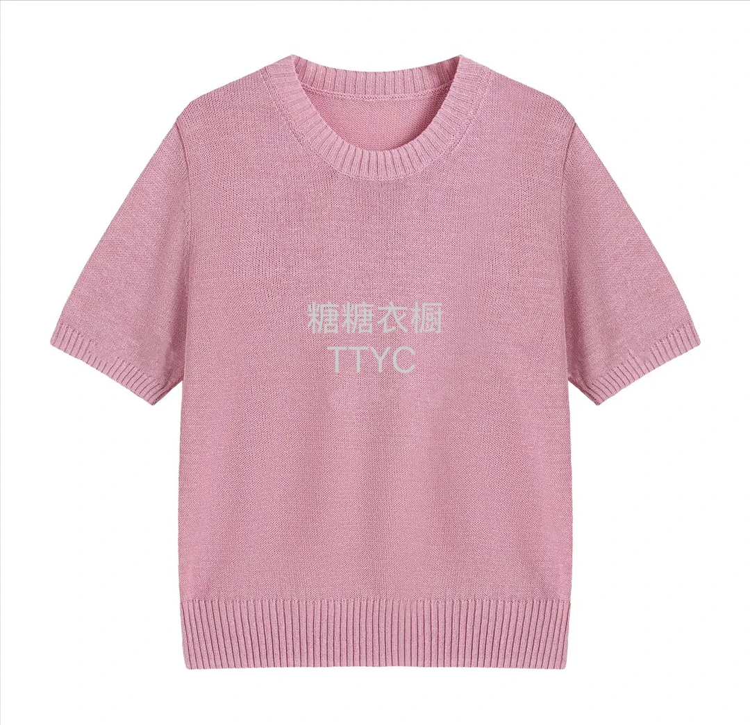 【臻雅】“和纸纱”春夏新款圆领纯色百搭短袖毛针织衫