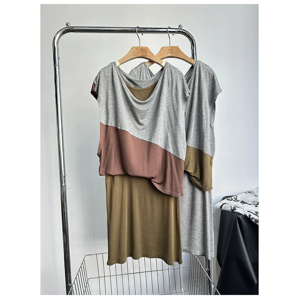 Q272 夏季新款宽松中长款拼色圆领落肩背心裙女