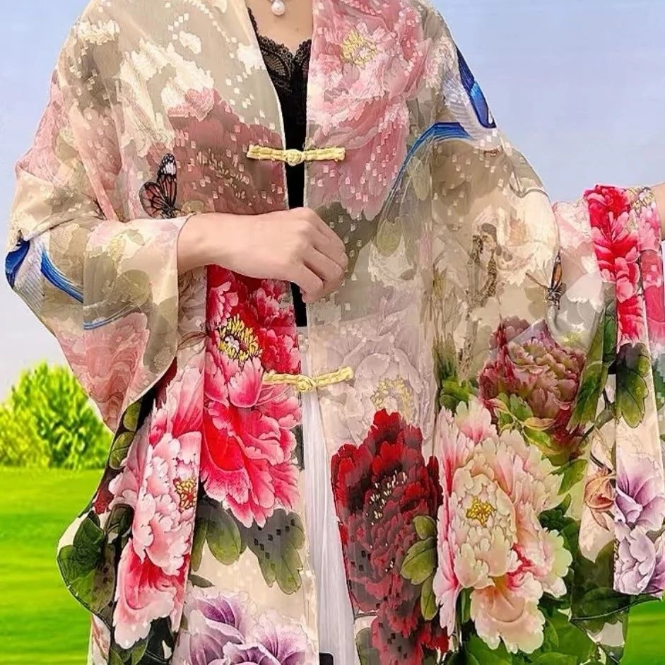 新款中国风国色牡丹披肩盘扣手工剪花新中式百搭时尚富贵外搭丝巾