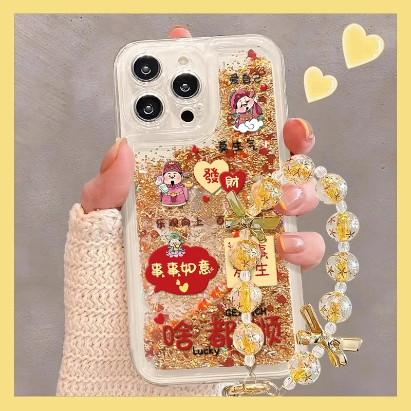 顺财神爷适用于苹果16流沙金手机壳华为oppo高级小米15vivo高端