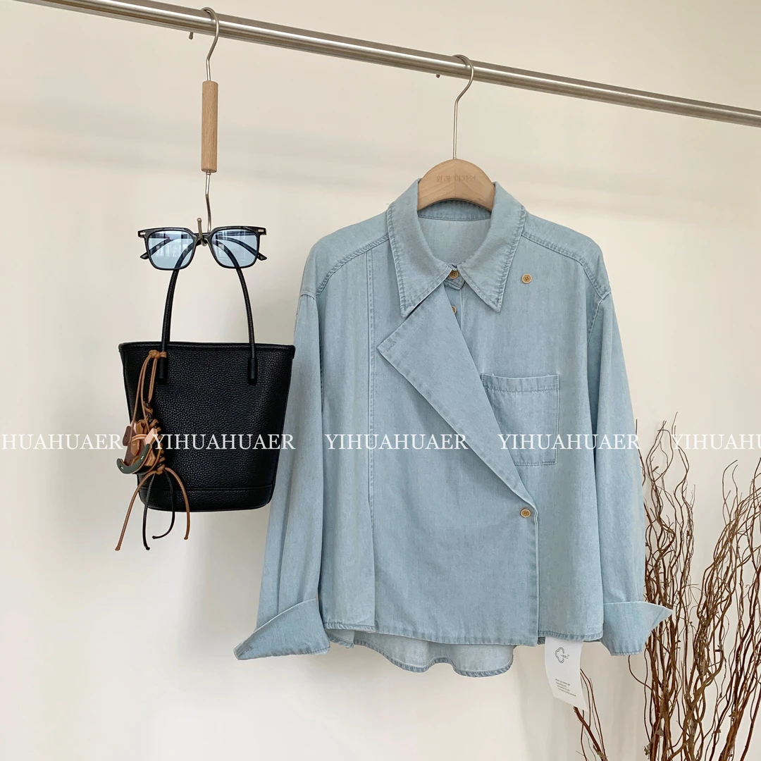 东大门韩系新款复古单排扣设计感时尚休闲百搭宽松牛仔上衣2269