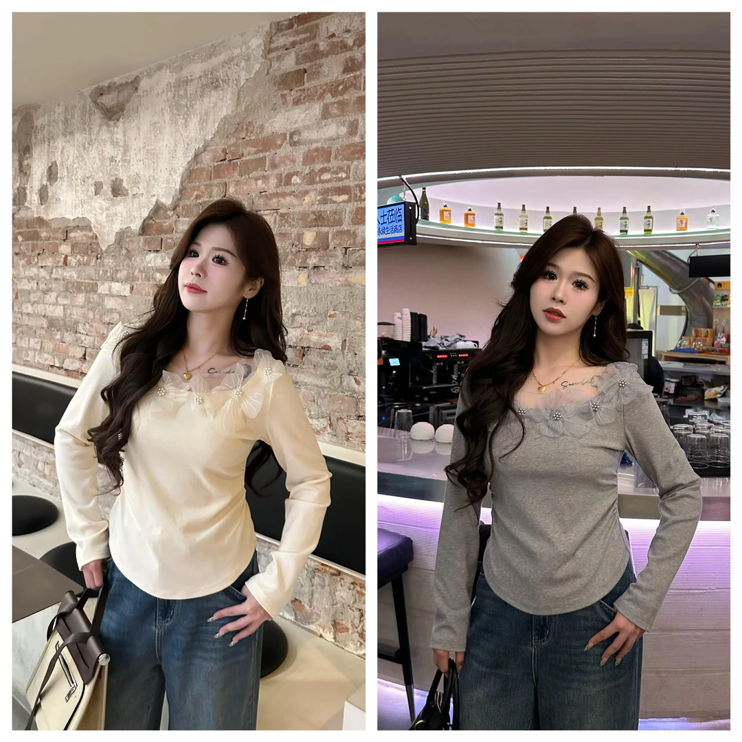 QC李潇洒【天鹅颈】微胖大码早春法式立体花朵拼网纱纯欲打底针织衫