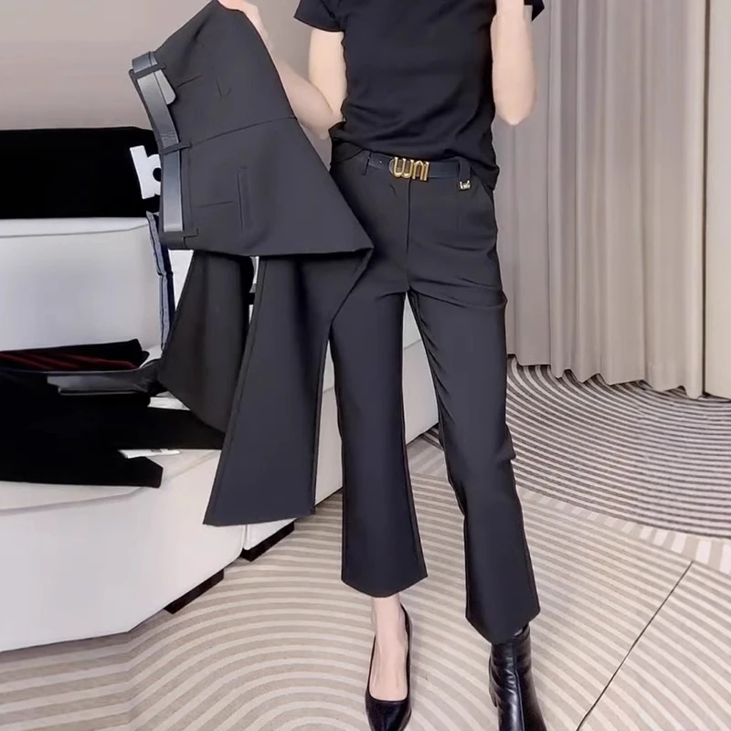 2055春季新款大码高腰直筒西装休闲裤梨形身材显瘦九分微喇叭裤女