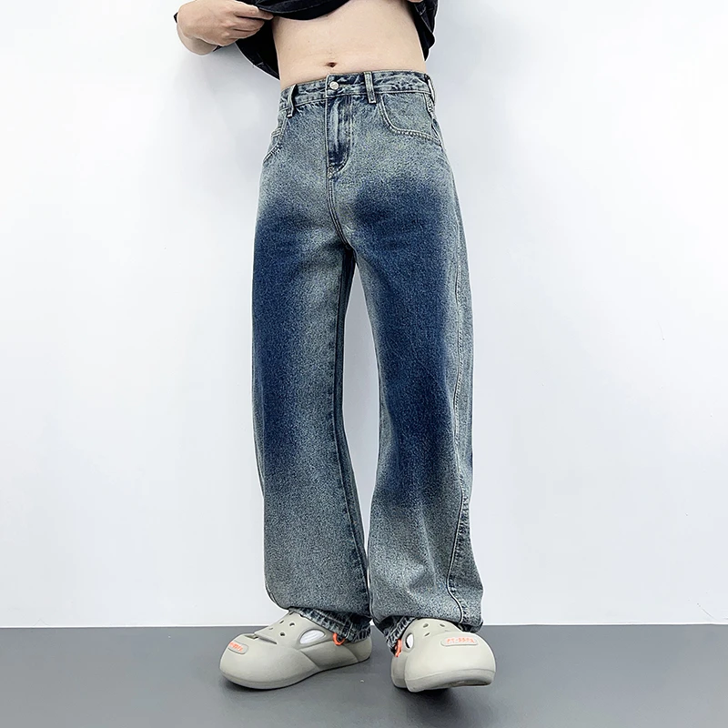 宽松弯刀牛仔裤男春秋款男装大码个性潮牌水洗复古休闲阔腿长裤子