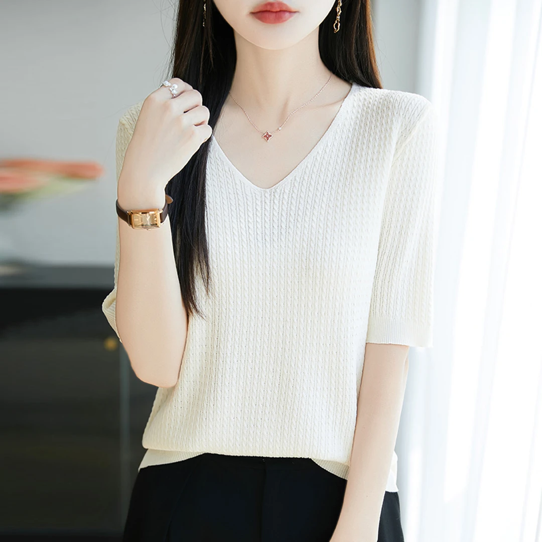 高端胖mm夏装大码冰丝针织衫女士短袖t恤宽松遮肚子巨显瘦v领上衣