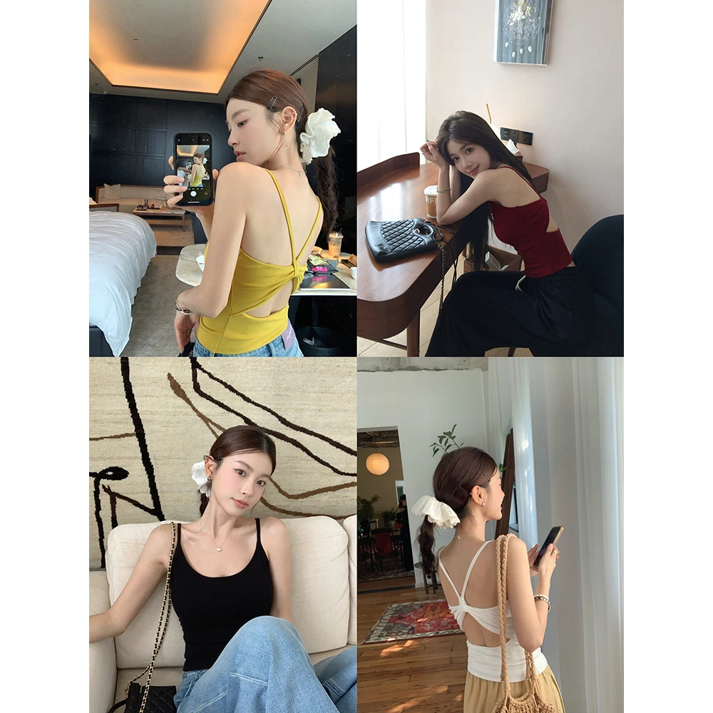 张贝贝 妮式甜辣 超弹冰感 一体杯蝴蝶结露背吊带