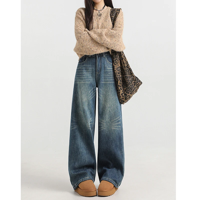 复古烟花纹高腰阔腿牛仔裤女2025年春季新款设计感显瘦拖地裤子