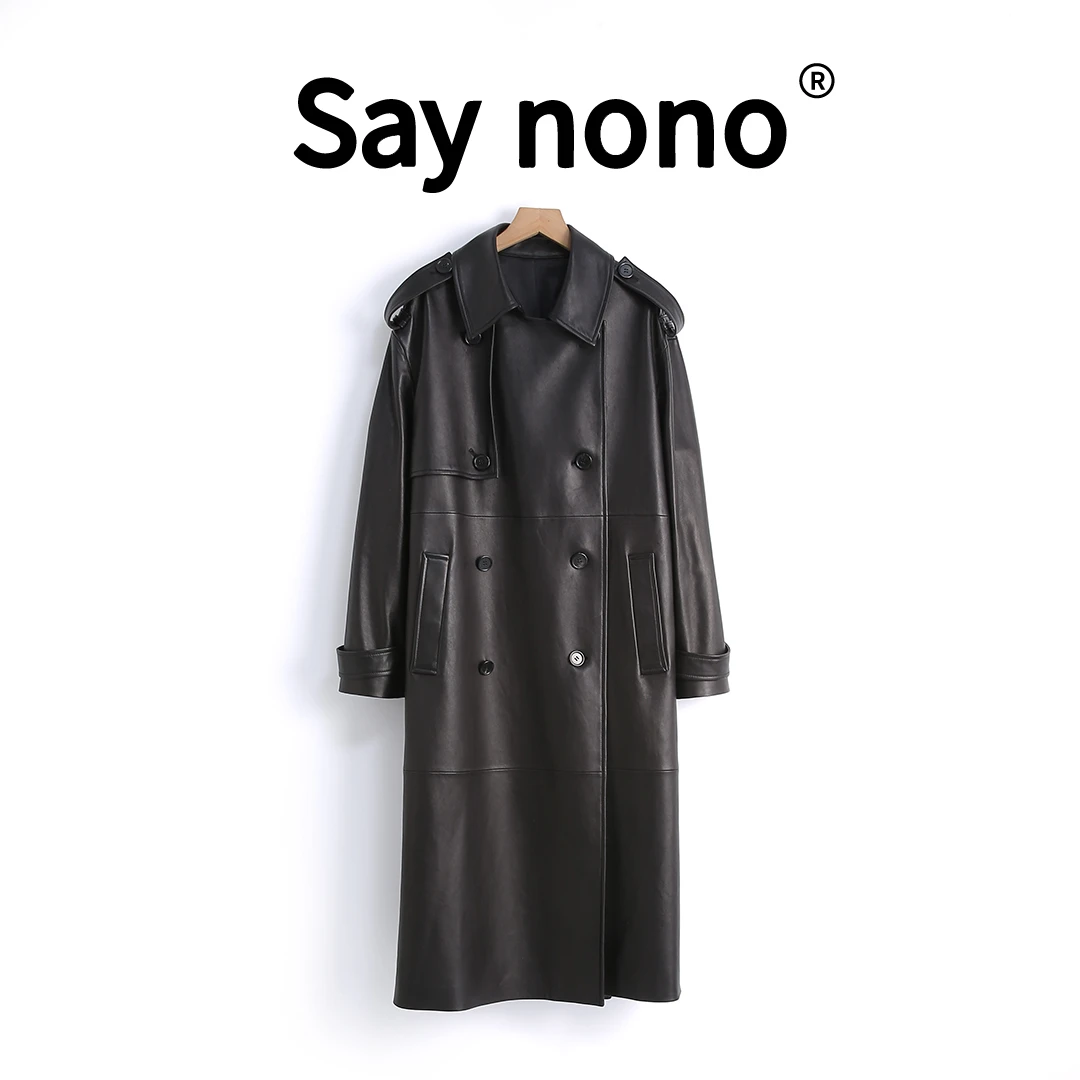 懒猫nono│Saynono “酷感十足”廓形收腰长款风衣皮外套/B073