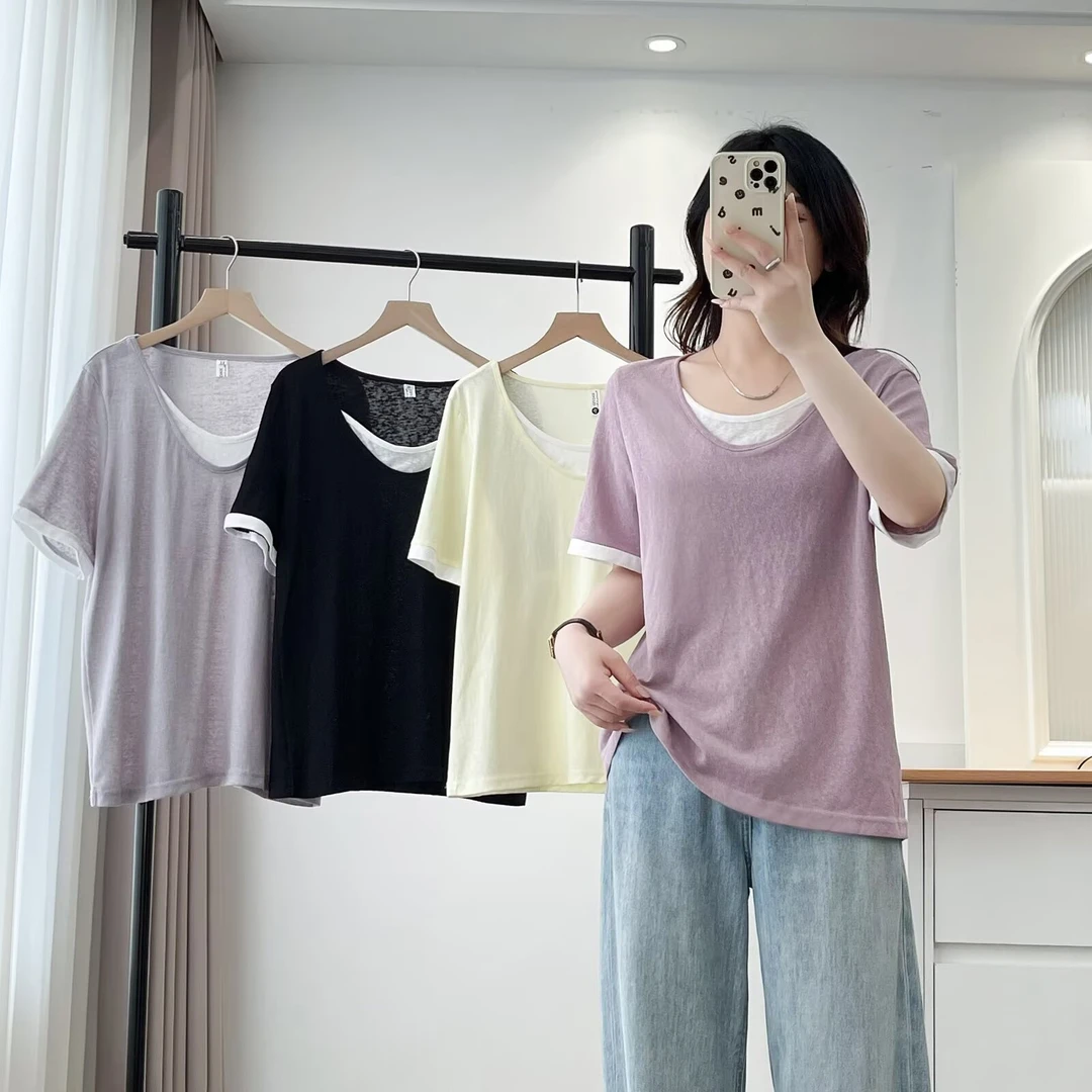 微胖大码女装夏季新款V领纯色拼接假两件薄款半袖休闲短袖T恤