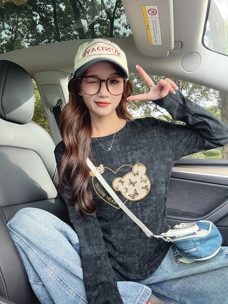 小众扎染褶皱设计感打底衫女秋季爆款韩版修身显瘦洋气百搭T恤ins