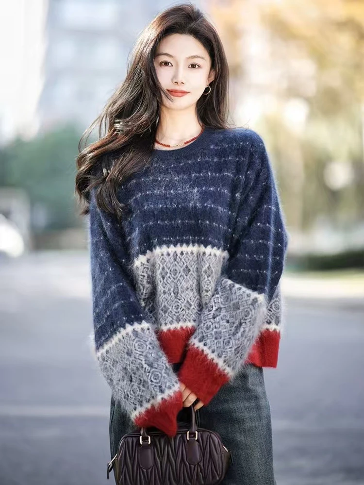 网红慵懒拉毛羊毛衫韩版气质拼色提花针织毛衣宽松圆领百搭打底衫