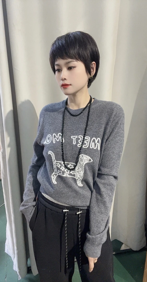 套头纯山羊绒休闲刺绣花上衣