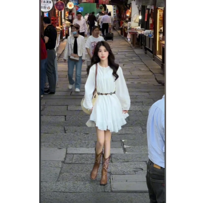【花海野餐记】显瘦气质长袖白色白色夏季小众收腰设计感温柔连衣裙