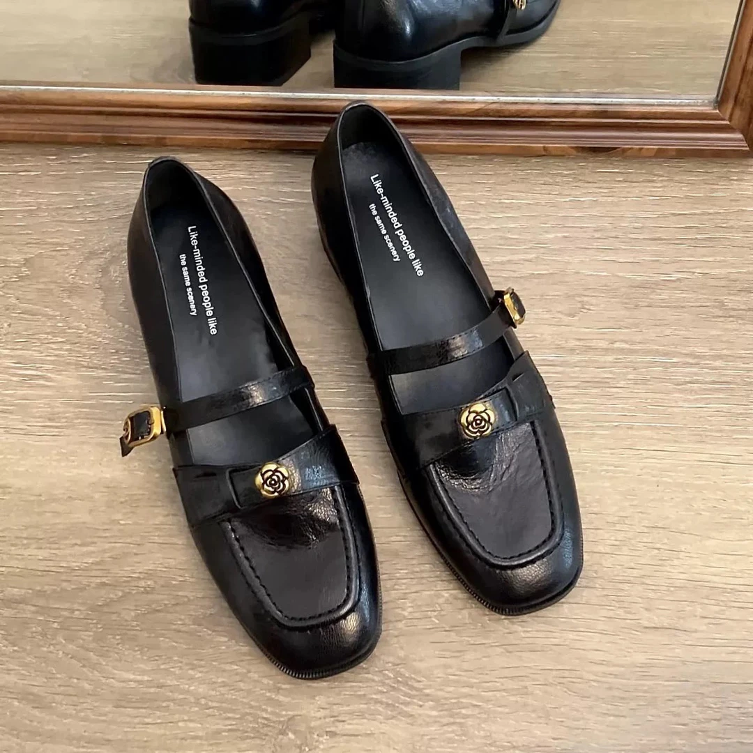 RANBEST法式复古真皮玛丽珍山茶花平底单鞋乐福鞋玛丽珍女鞋黑色