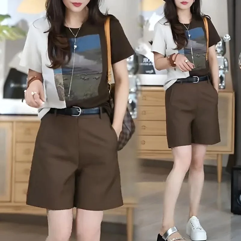 2025年夏季短裤T恤短袖新款时尚套装休闲女两件套百搭小众设计感