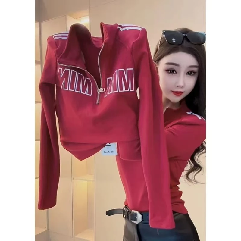 799半高领拉链字母长袖加绒T恤上衣冬季新款修身显瘦