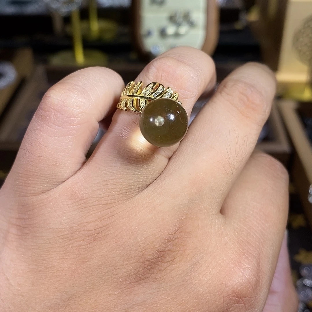 黄晶戒指银S925镶嵌12mm羽毛款