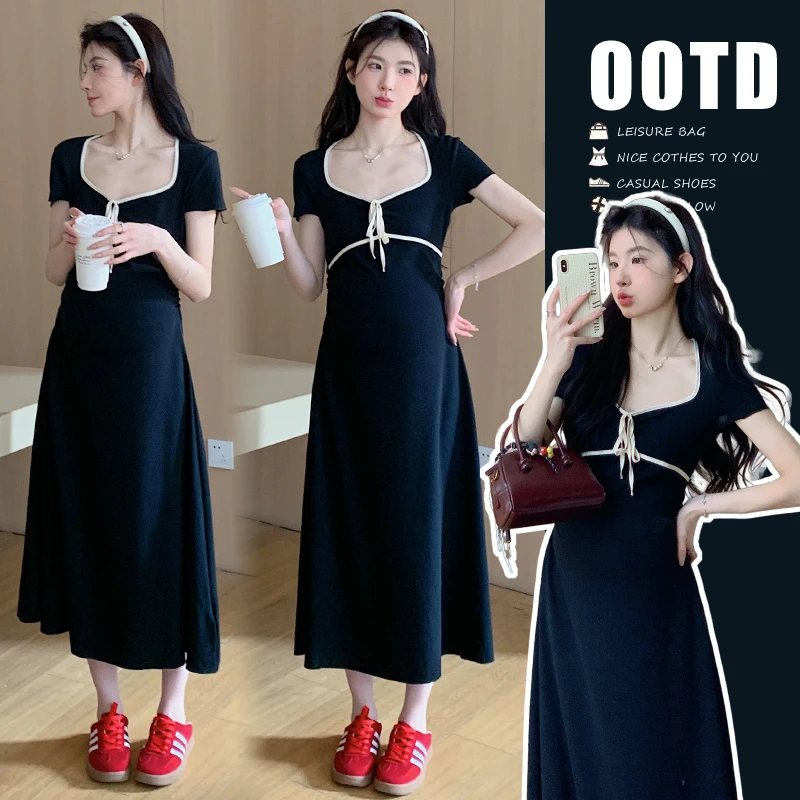 【安安】~2025夏季新品法式设计感气质方领系带孕妇连衣裙