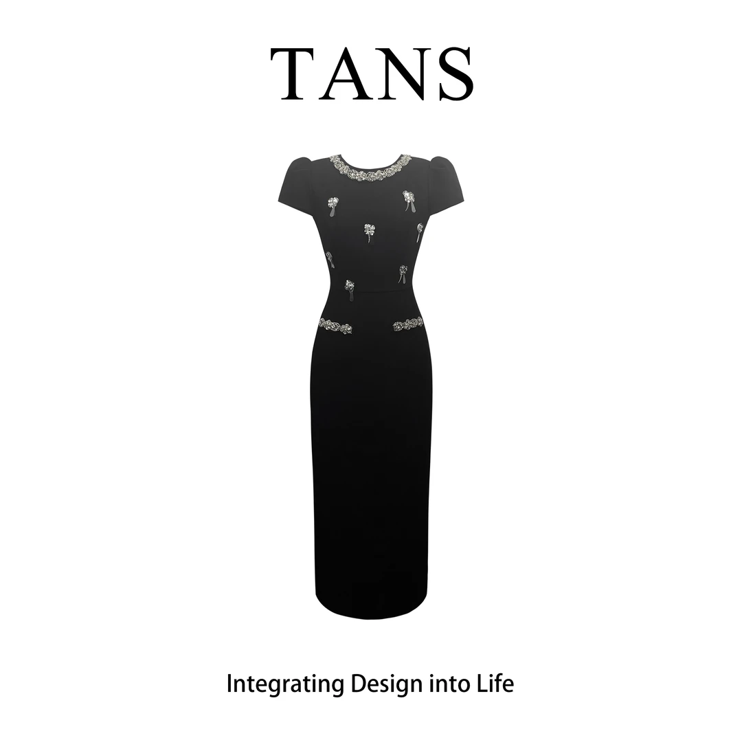 TANS【夏季新品】法式千金感黑色连衣裙收腰显瘦女夏季