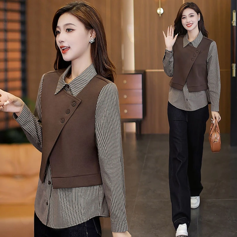 假两件长袖衬衫女士春秋装新款休闲时尚气质衬衣设计感百搭上衣潮