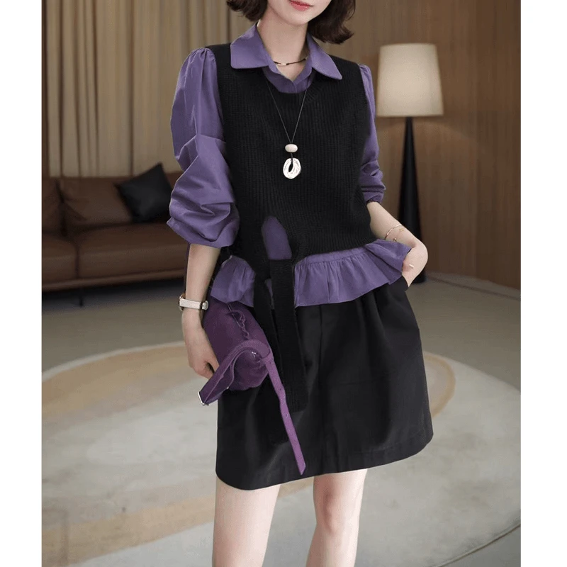 设计感2025早秋洋气小众减龄POLO领衬衫+绑带针织马甲两件套女潮