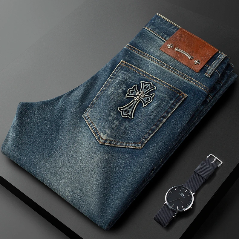 轻奢夏季薄款洗水蓝色裤子牛仔裤男高端欧货复古弹力休闲裤男款