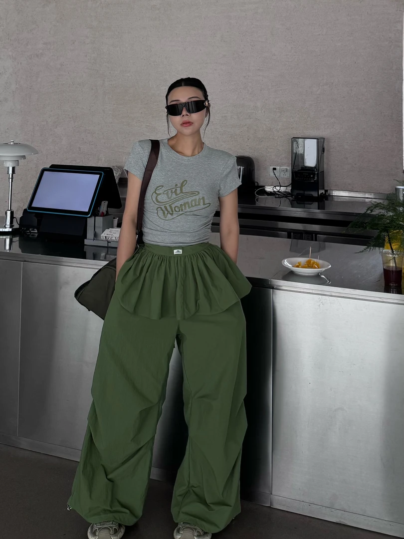 吉吉【时光之恋】新款时尚撞色字母印花褶皱修身短袖T恤#2841 C50