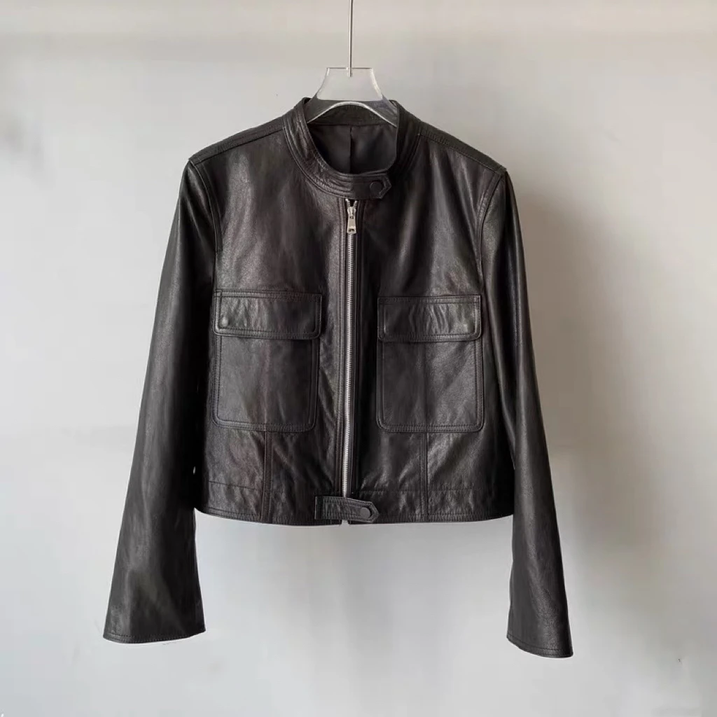 25年新款短款欧货修身牛皮油蜡小立领皮衣街头风韩版显瘦百搭